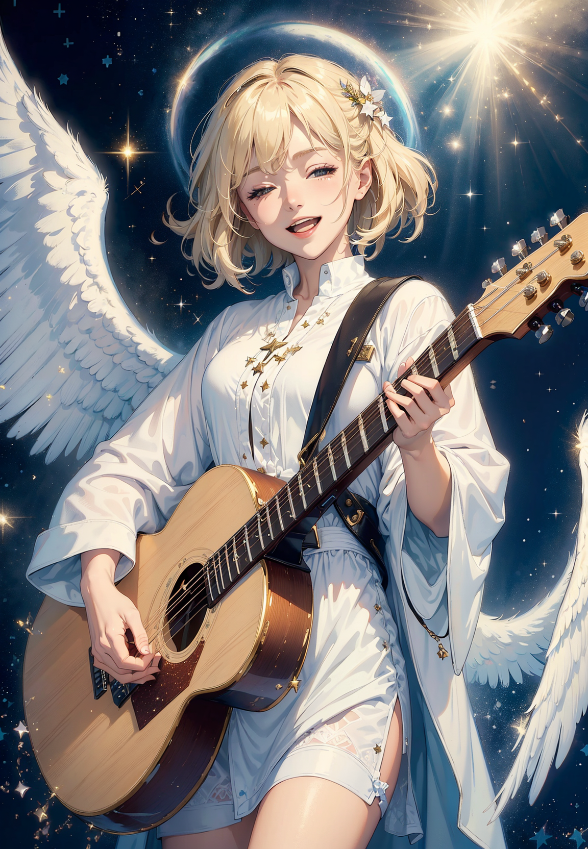 (best quality, masterpiece:1.2),1angel,solo,in the sky,playing a guitar,white wings,blond hair,smiling,looking down at vie...